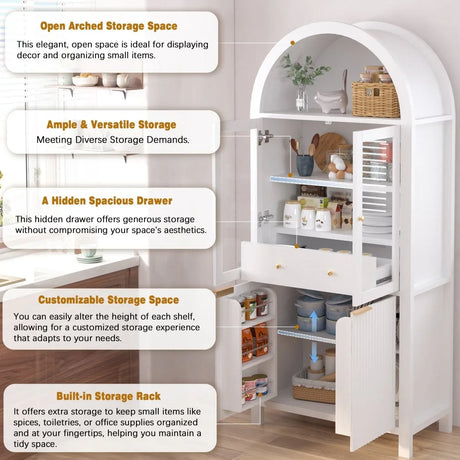 Fluted Tall Arched White MDF Pantry Cabinet - Omega Lifestyles
