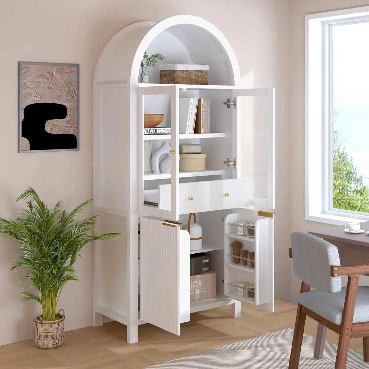 Fluted Tall Arched White MDF Pantry Cabinet - Omega Lifestyles