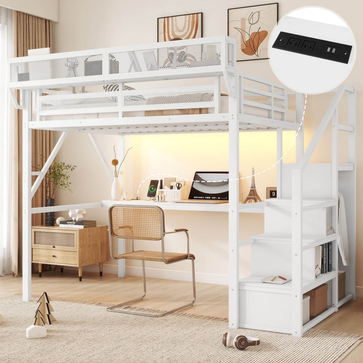 Full Metal Full Size Loft Bed With Desk Charging Station - Serenova - Omega Lifestyles