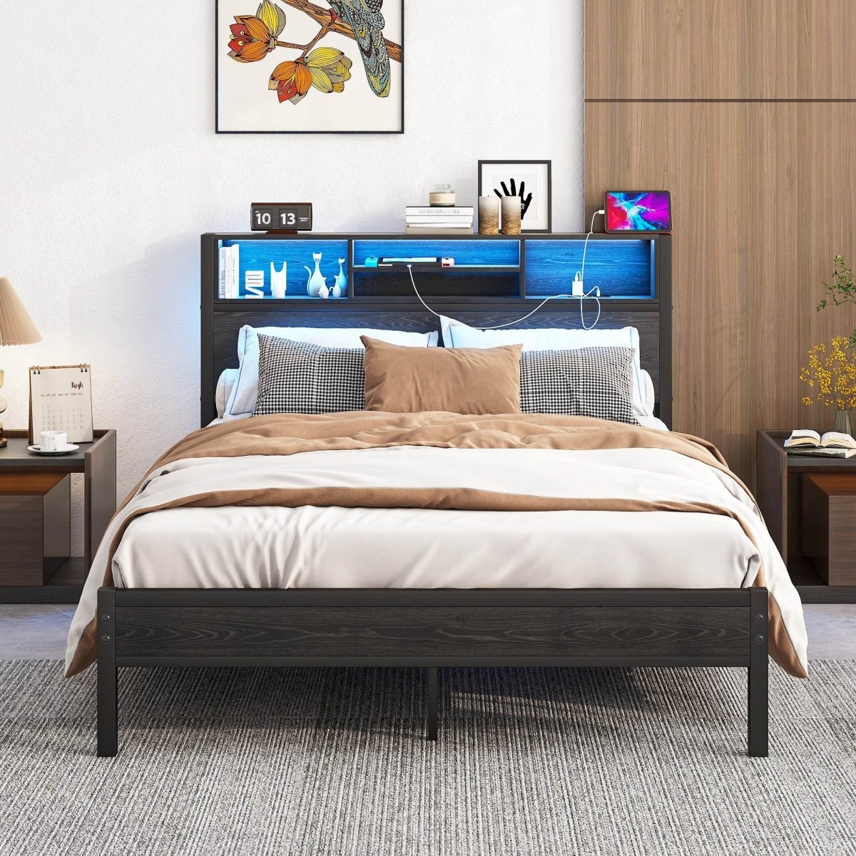 Full Size Metal Wood Storage Bed Frame With Charging Station - Serenova - Omega Lifestyles