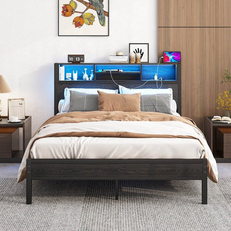 Full Size Metal Wood Storage Bed Frame With Charging Station - Serenova - Omega Lifestyles