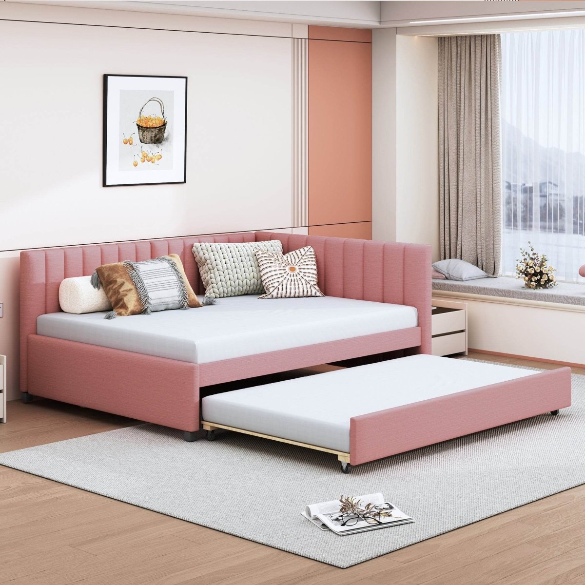 Full Upholstered Linen Daybed With Twin Trundle - Sleep Galleria