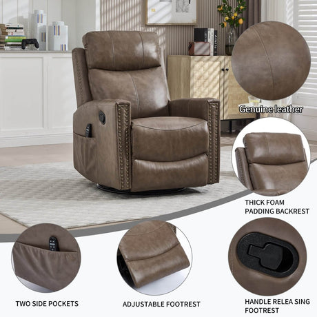 Genuine Leather Medium - Firm Heat Massage Swivel Recliner Chair - Serenova - Omega Lifestyles