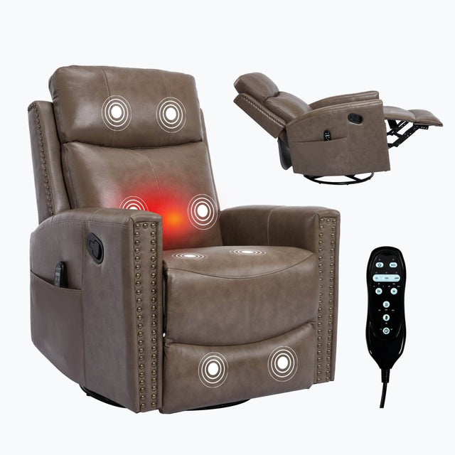 Genuine Leather Medium-Firm Heat Massage Swivel Recliner Chair - Omega Lifestyles