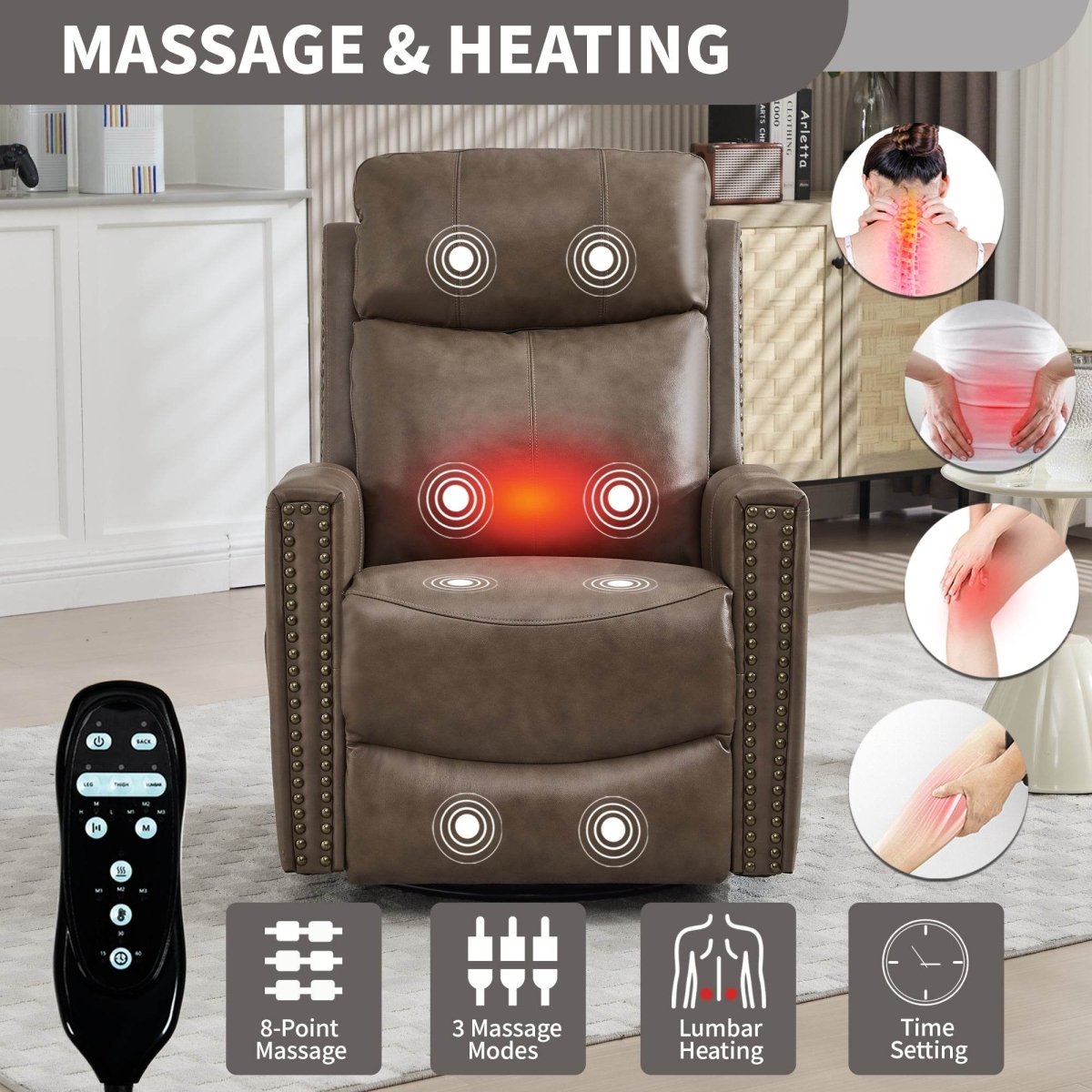 Genuine Leather Medium - Firm Heat Massage Swivel Recliner Chair - Serenova - Omega Lifestyles