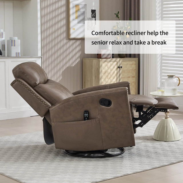 Genuine Leather Medium-Firm Heat Massage Swivel Recliner Chair - Omega Lifestyles
