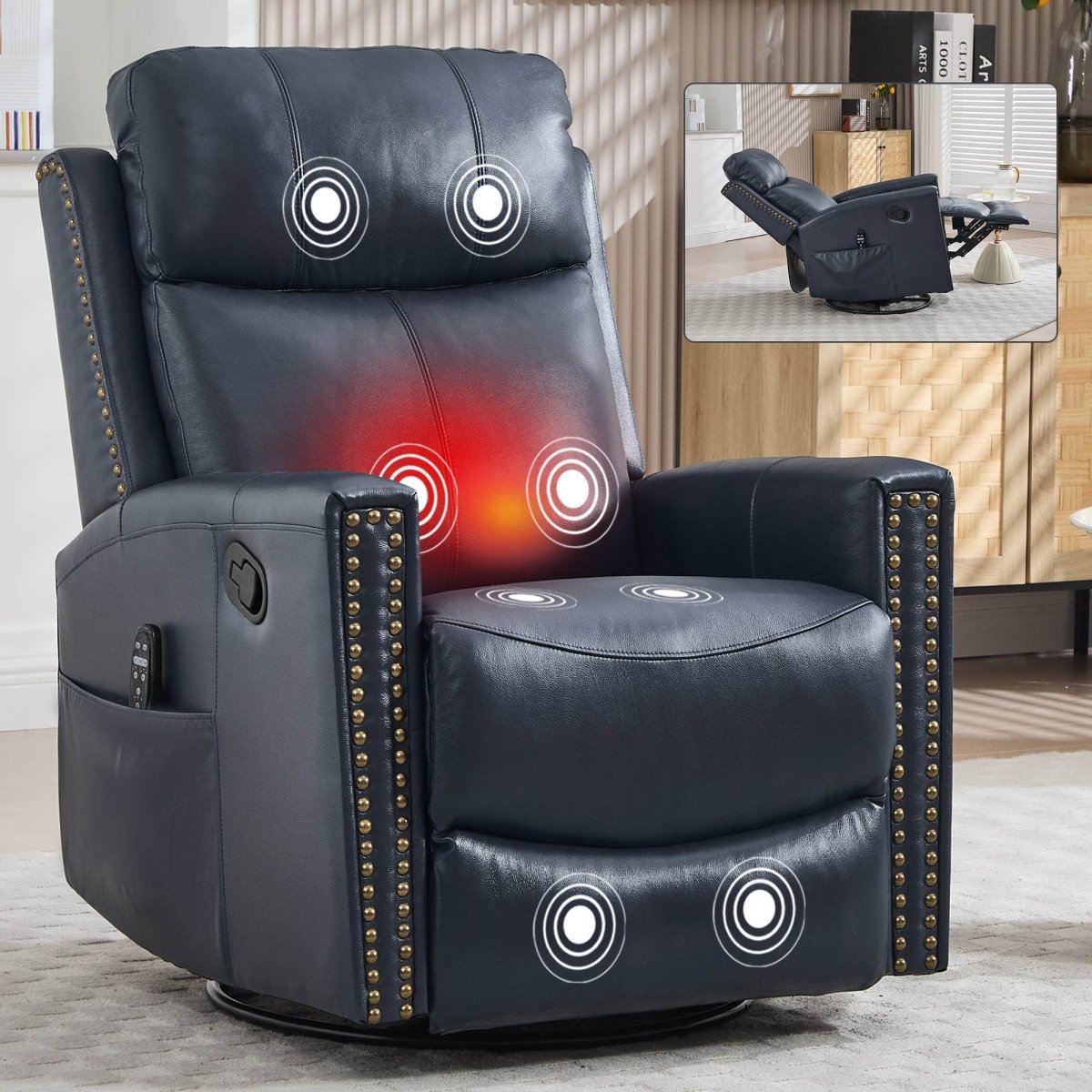 Genuine Leather Medium - Firm Heat Massage Swivel Recliner Chair - Serenova - Omega Lifestyles