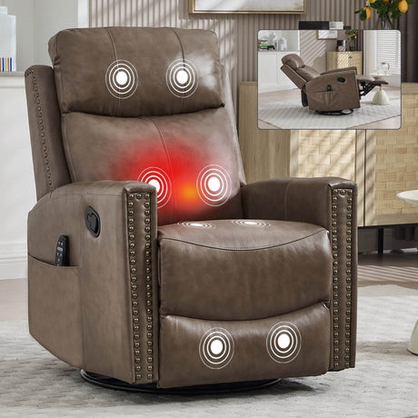 Genuine Leather Medium - Firm Heat Massage Swivel Recliner Chair - Serenova - Omega Lifestyles