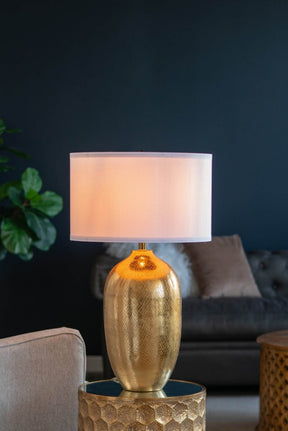 Gold Aluminum Round Table Lamp With White Fabric Shade - Omega Lifestyles