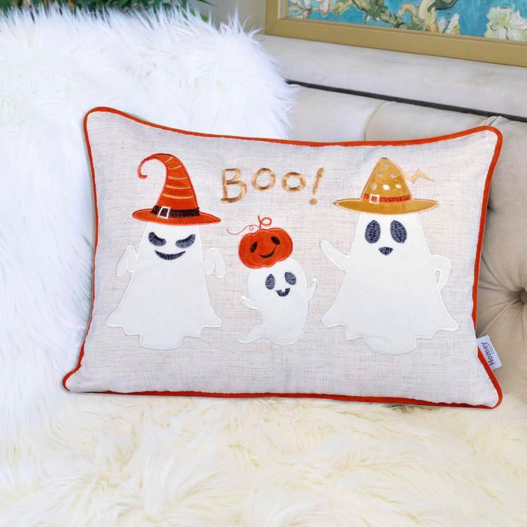 Halloween Embroidered Ghost Accent Polyester Throw Pillow 14x20 - Serenova - Omega Lifestyles