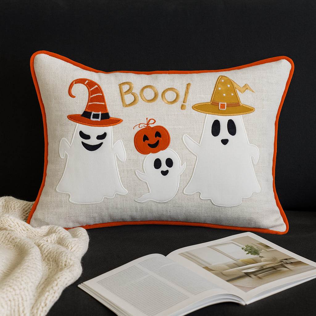 Halloween Embroidered Ghost Accent Polyester Throw Pillow 14x20 - Serenova - Omega Lifestyles