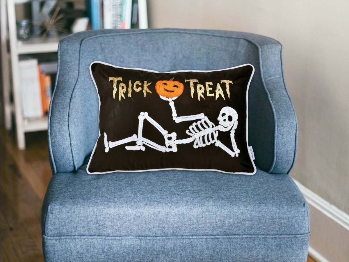Halloween Skeleton Embroidered Velvet Lumbar Throw Pillow - Serenova - Omega Lifestyles