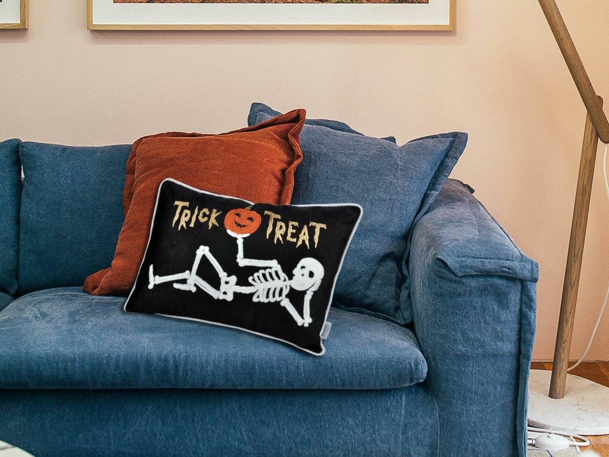 Halloween Skeleton Embroidered Velvet Lumbar Throw Pillow - Serenova - Omega Lifestyles
