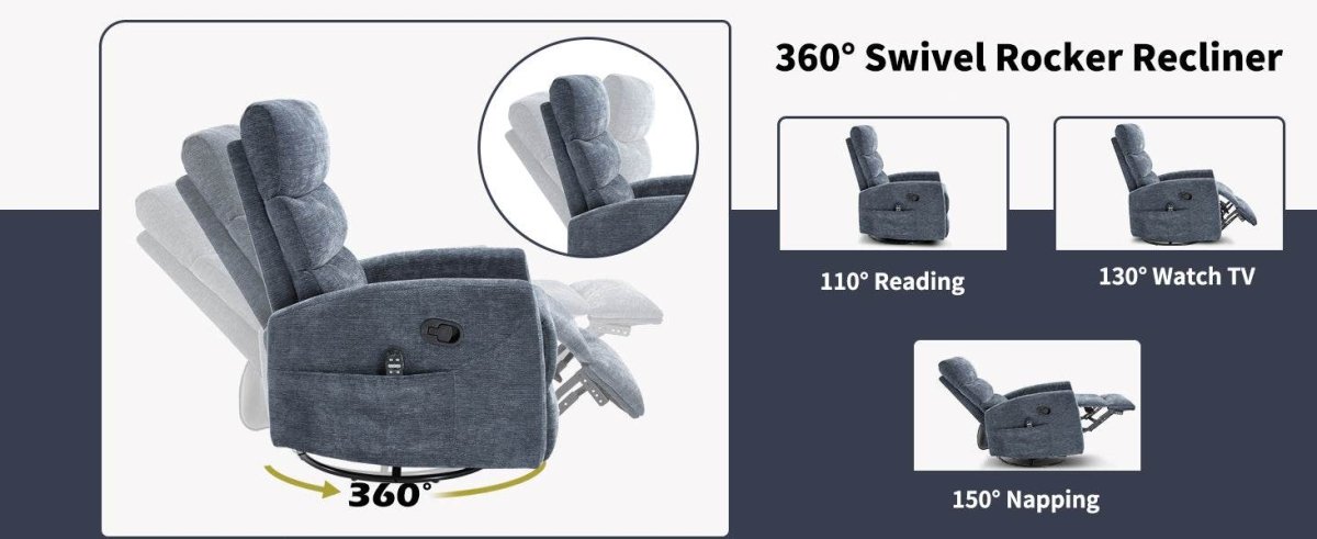 Heat Massage Recliner Chair With Swivel Rocker - Serenova - Omega Lifestyles