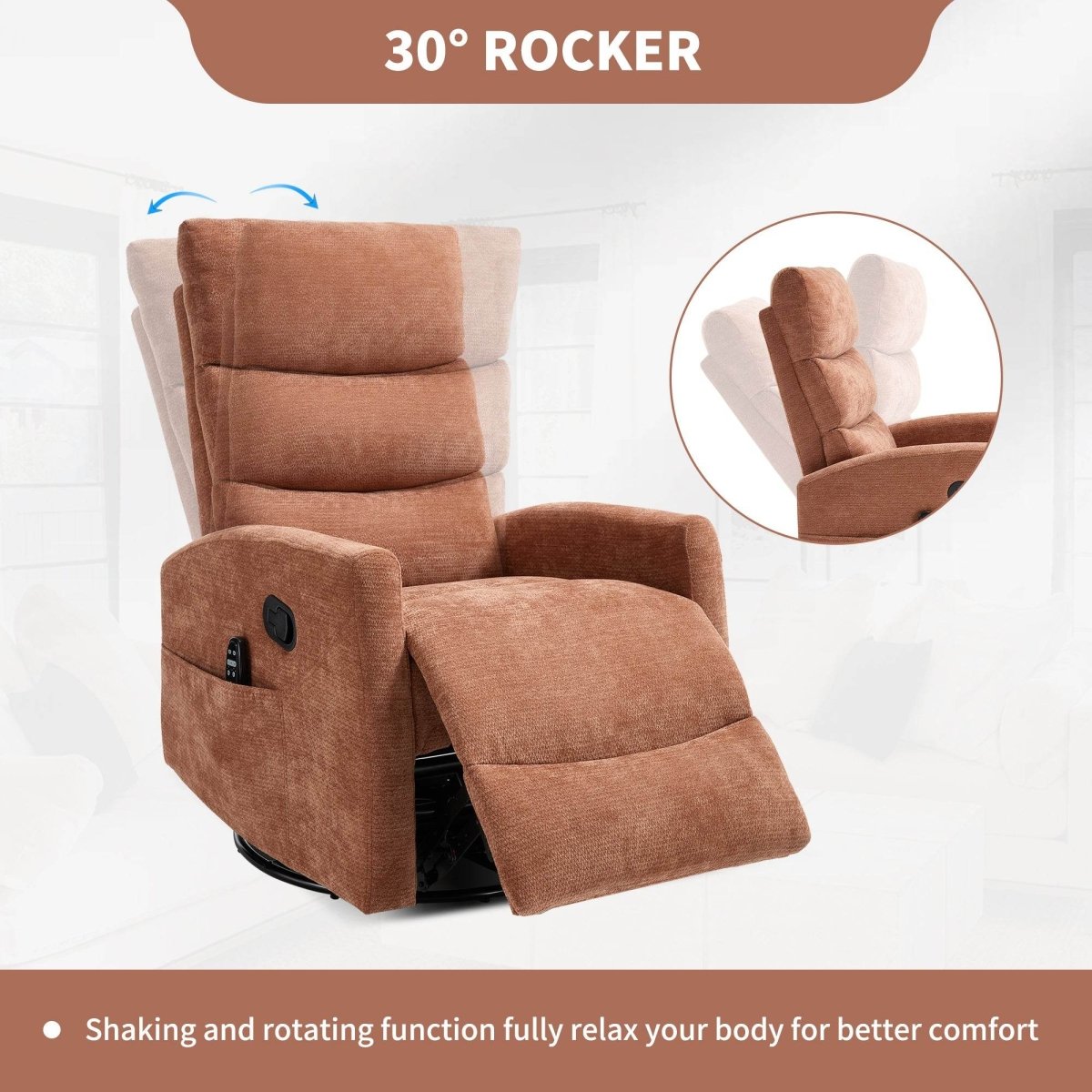 Heat Massage Recliner Chair With Swivel Rocker and Heat - Serenova - Omega Lifestyles