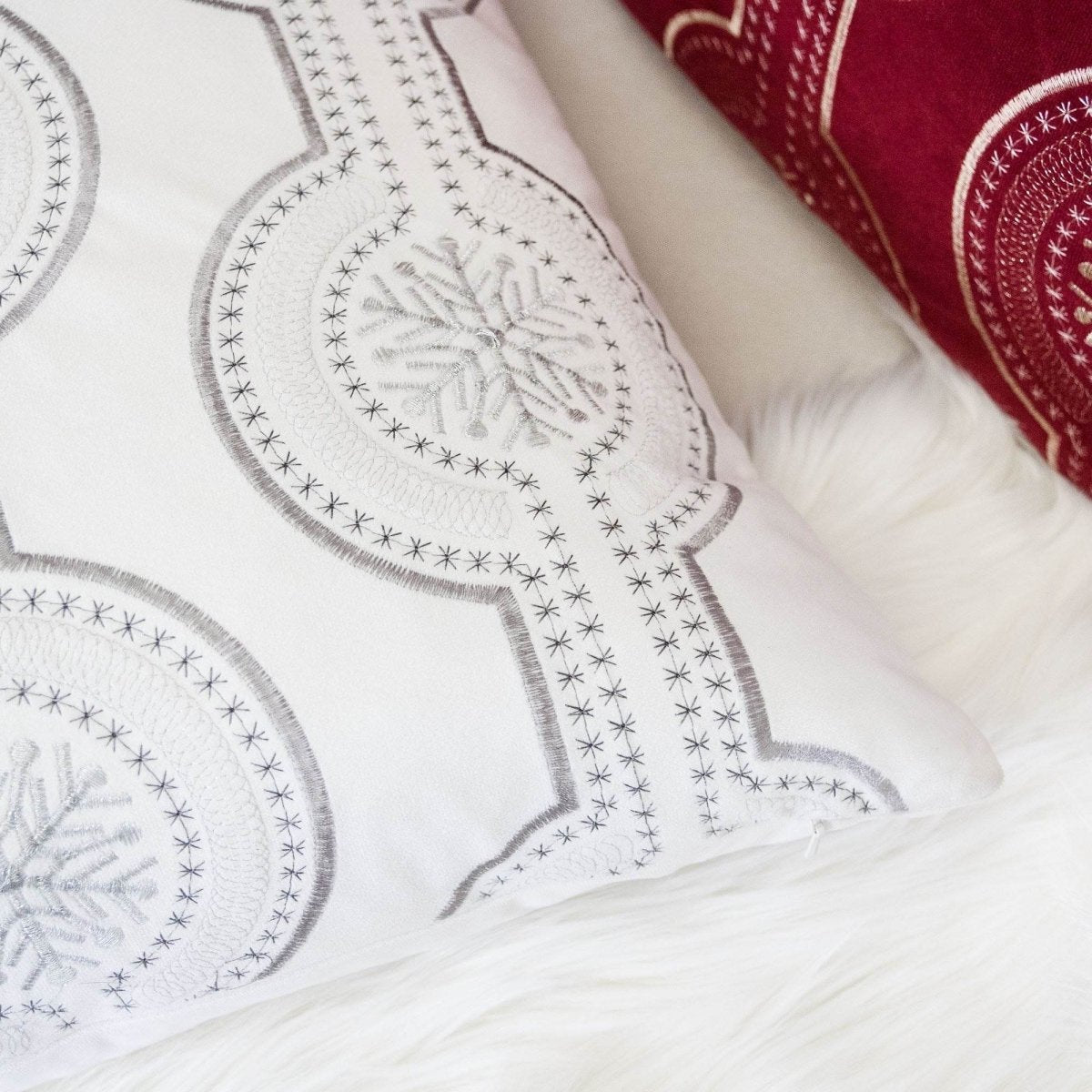 Holiday White Velvet Embroidered Decorative Throw Pillow 20x20 - Serenova - Omega Lifestyles
