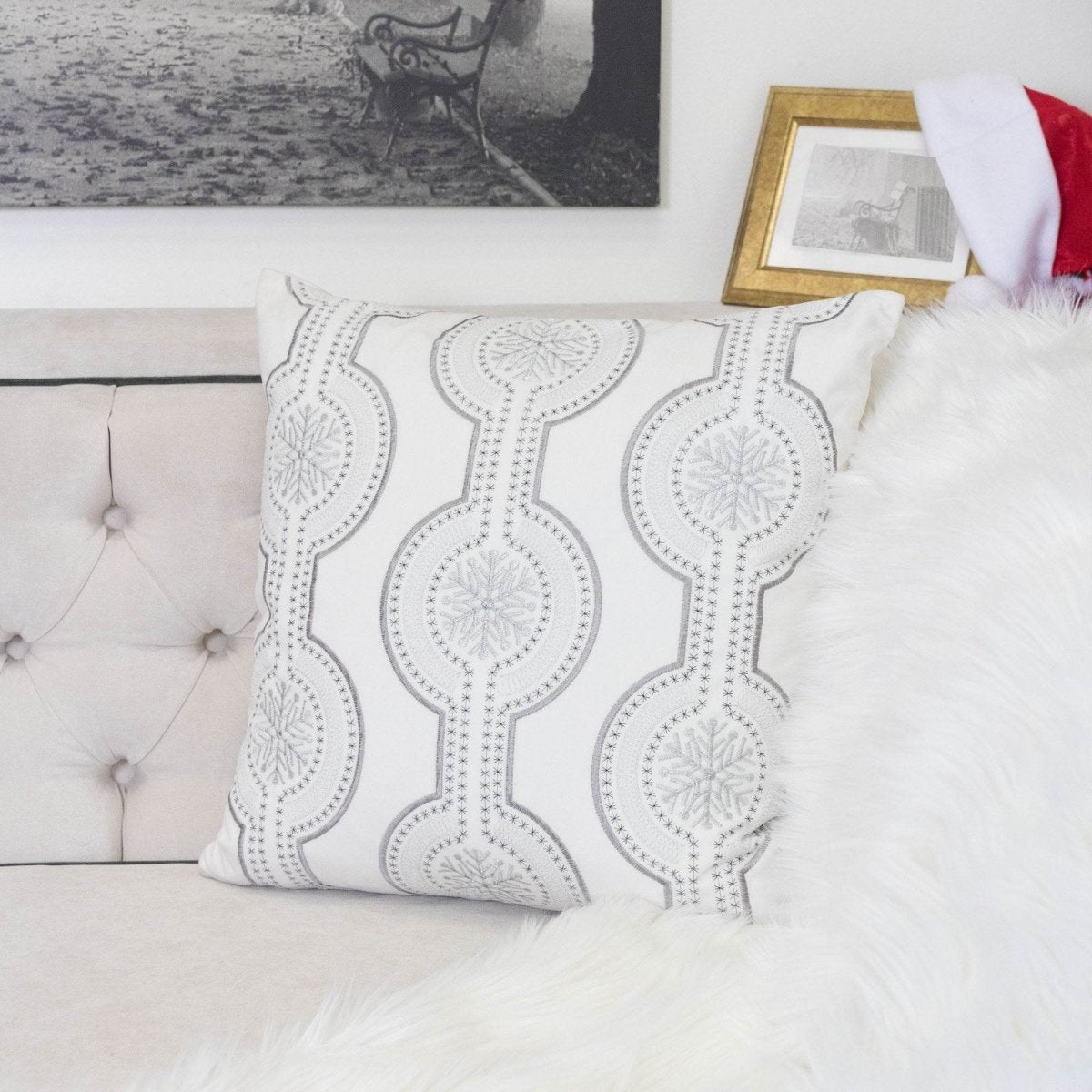 Holiday White Velvet Embroidered Decorative Throw Pillow 20x20 - Serenova - Omega Lifestyles