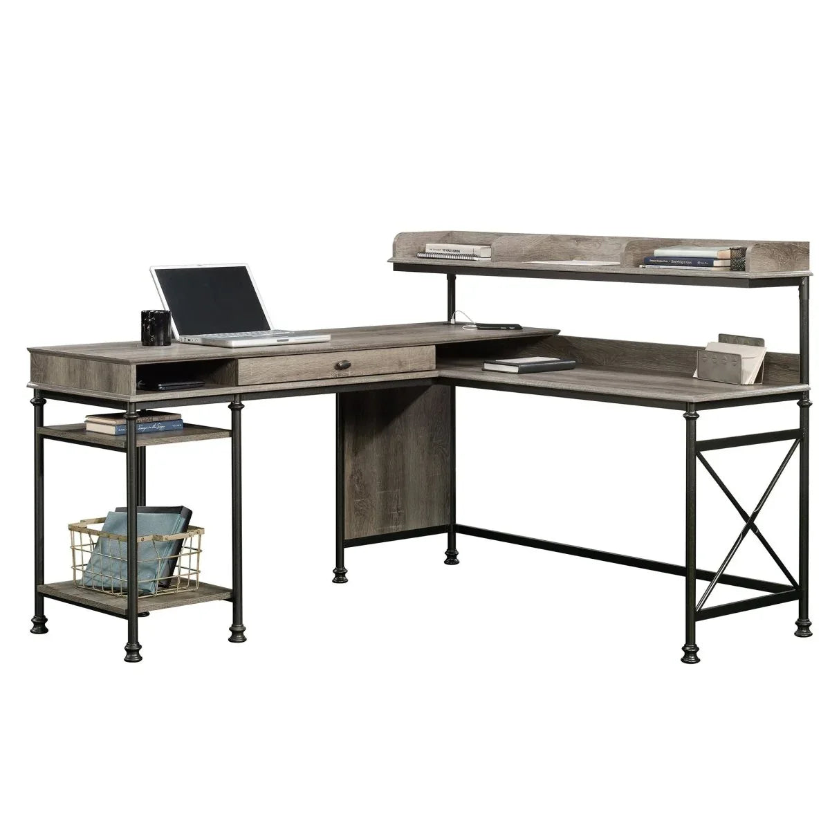 Industrial Brown L-Shaped Engineered Wood Computer Desk - Omega Lifestyles