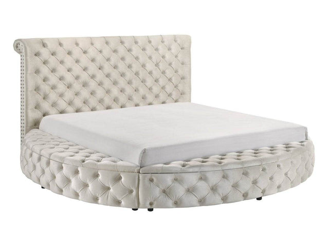 Ivory Velvet Round Button-Tufted Storage Bed Set - Omega Lifestyles