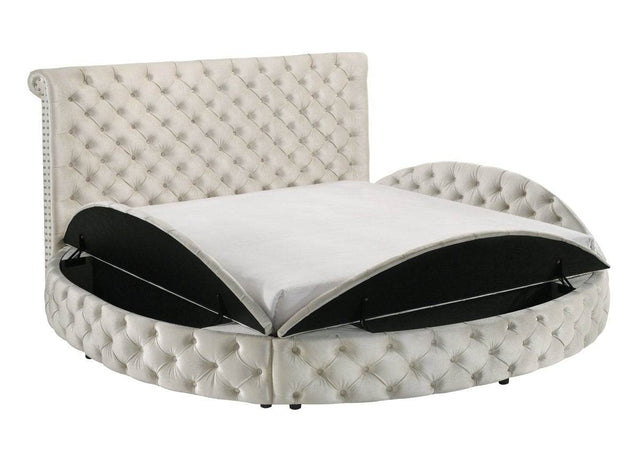 Ivory Velvet Round Button-Tufted Storage Bed Set - Omega Lifestyles
