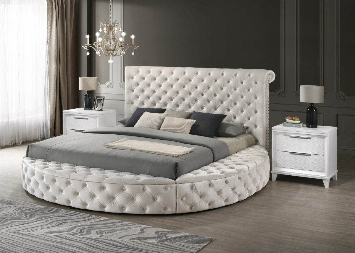 Ivory Velvet Round Button-Tufted Storage Bed Set - Sleep Galleria