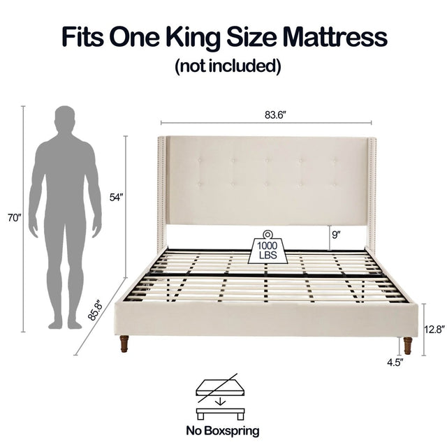 King Classic Ivory Velvet Upholstered Bed Frame - Omega Lifestyles