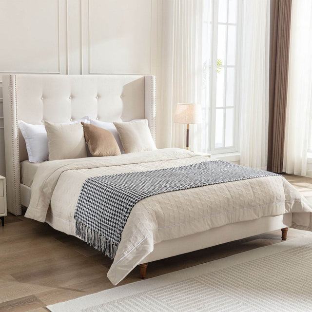 King Classic Ivory Velvet Upholstered Bed Frame - Omega Lifestyles