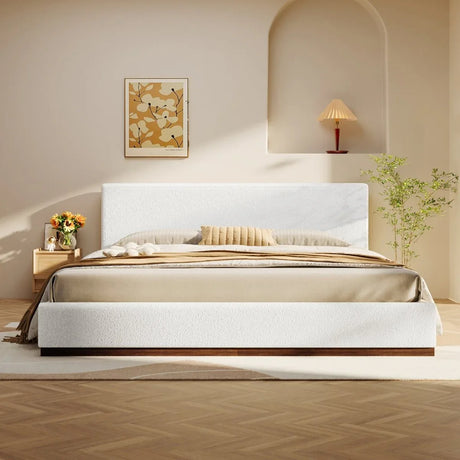 King White Boucle Upholstered Solid Wood Bed Frame - Omega Lifestyles