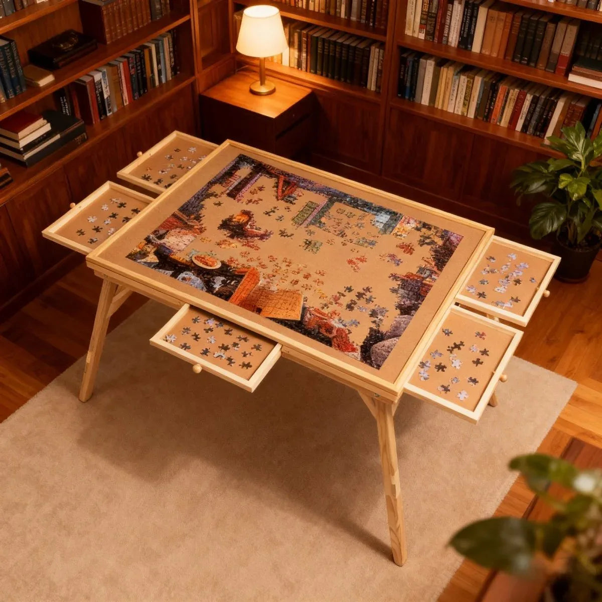 Large Wood Folding Puzzle Table With Drawers - Omega Lifestyles