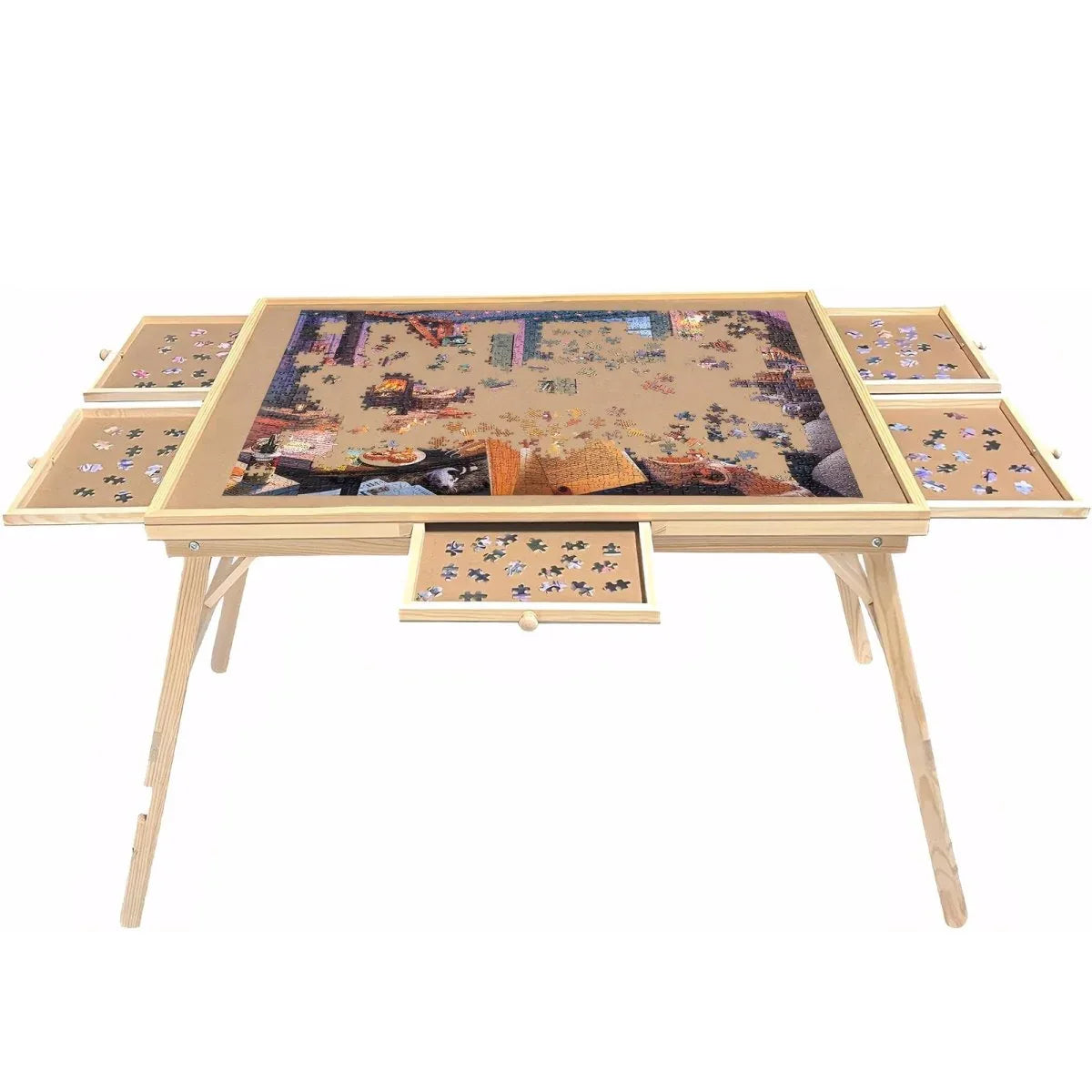 Large Wood Folding Puzzle Table With Drawers - Omega Lifestyles