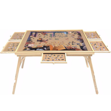 Large Wood Folding Puzzle Table With Drawers - Omega Lifestyles