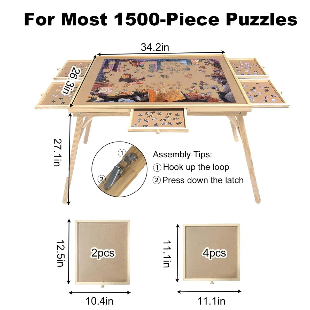 Large Wood Folding Puzzle Table With Drawers - Omega Lifestyles