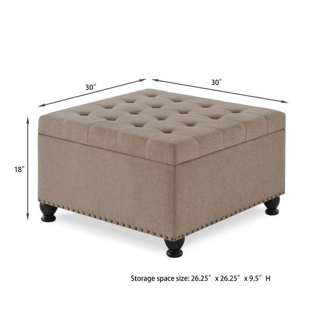 Linen Upholstered Square Storage Ottoman With Tufted Top - Omega Lifestyles