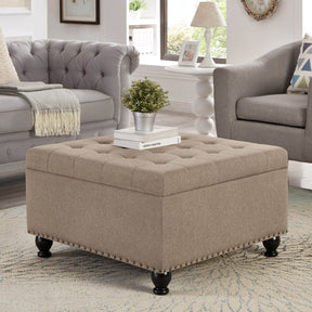 Linen Upholstered Square Storage Ottoman With Tufted Top - Omega Lifestyles
