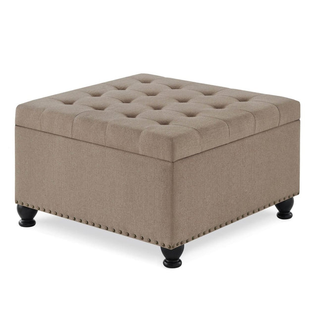 Linen Upholstered Square Storage Ottoman With Tufted Top - Omega Lifestyles
