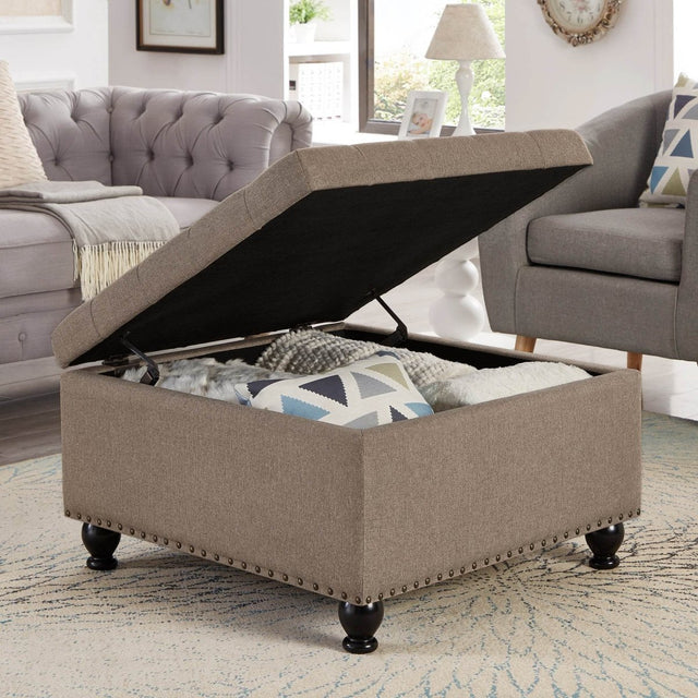 Linen Upholstered Square Storage Ottoman With Tufted Top - Omega Lifestyles