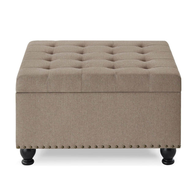 Linen Upholstered Square Storage Ottoman With Tufted Top - Omega Lifestyles