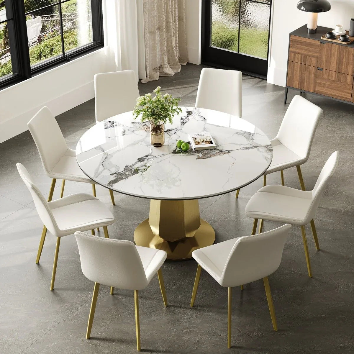 Luxury 53-Inch Round Sintered Stone Dining Table Gold Base - Omega Lifestyles