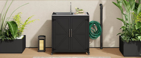 Matte Black Outdoor Movable Stainless Steel Kitchen Sink Station - Omega Lifestyles