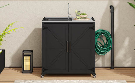 Matte Black Outdoor Movable Stainless Steel Kitchen Sink Station - Omega Lifestyles