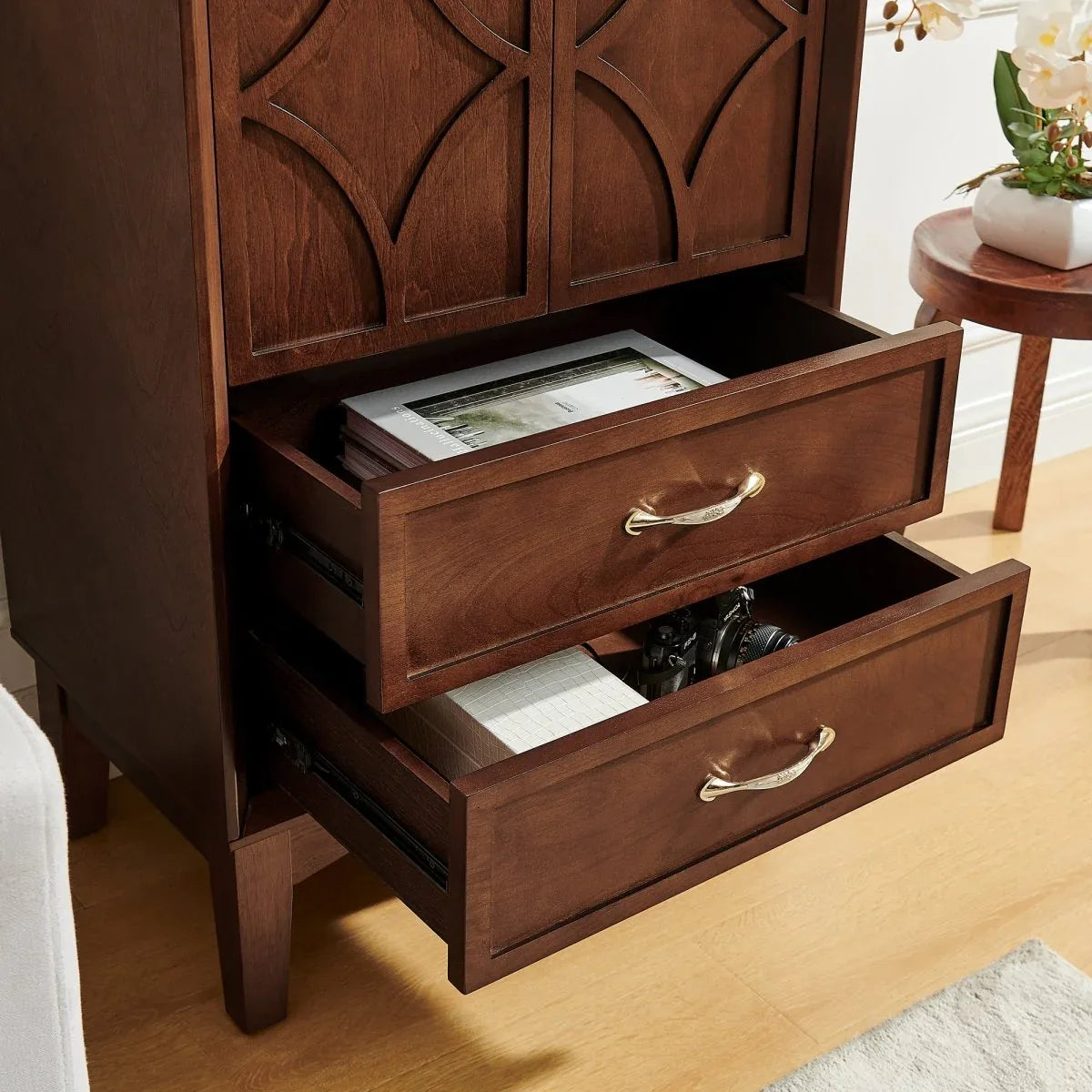 Mid Century Modern Walnut Storage Cabinet With Shelves - Omega Lifestyles