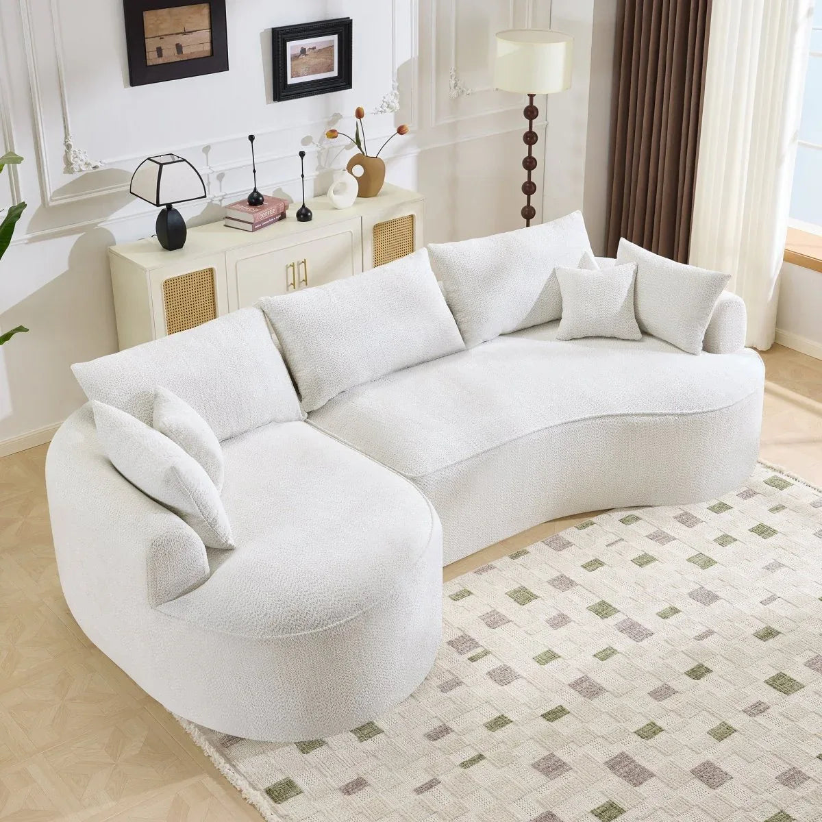 Minimalist Curved Chenille 5-Seat Foam Sofa With Pillows - Omega Lifestyles