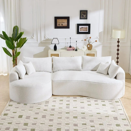 Minimalist Curved Chenille 5-Seat Foam Sofa With Pillows - Omega Lifestyles