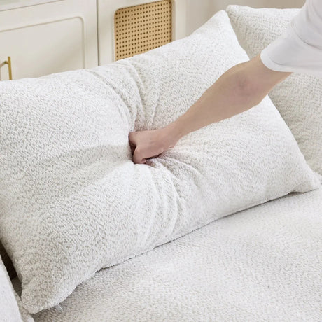 Minimalist Curved Chenille 5-Seat Foam Sofa With Pillows - Omega Lifestyles