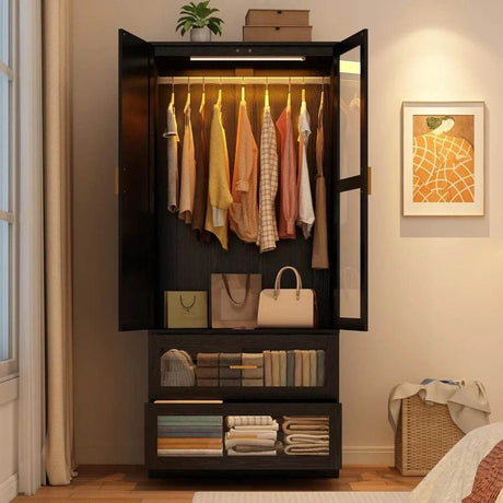 Modern 2-Door Armoire Wardrobe Closet With LED Light - Omega Lifestyles