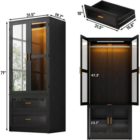 Modern 2-Door Armoire Wardrobe Closet With LED Light - Omega Lifestyles