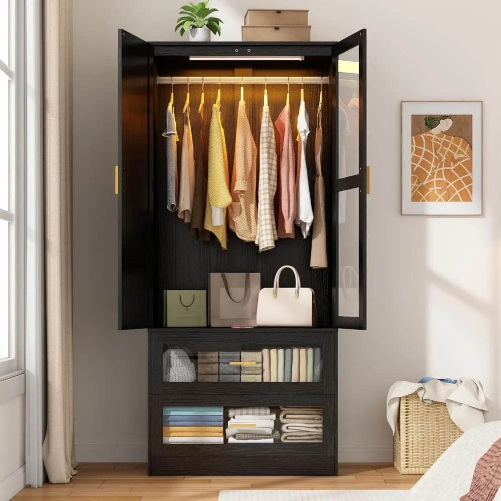Modern 2-Door Armoire Wardrobe Closet With LED Light - Omega Lifestyles