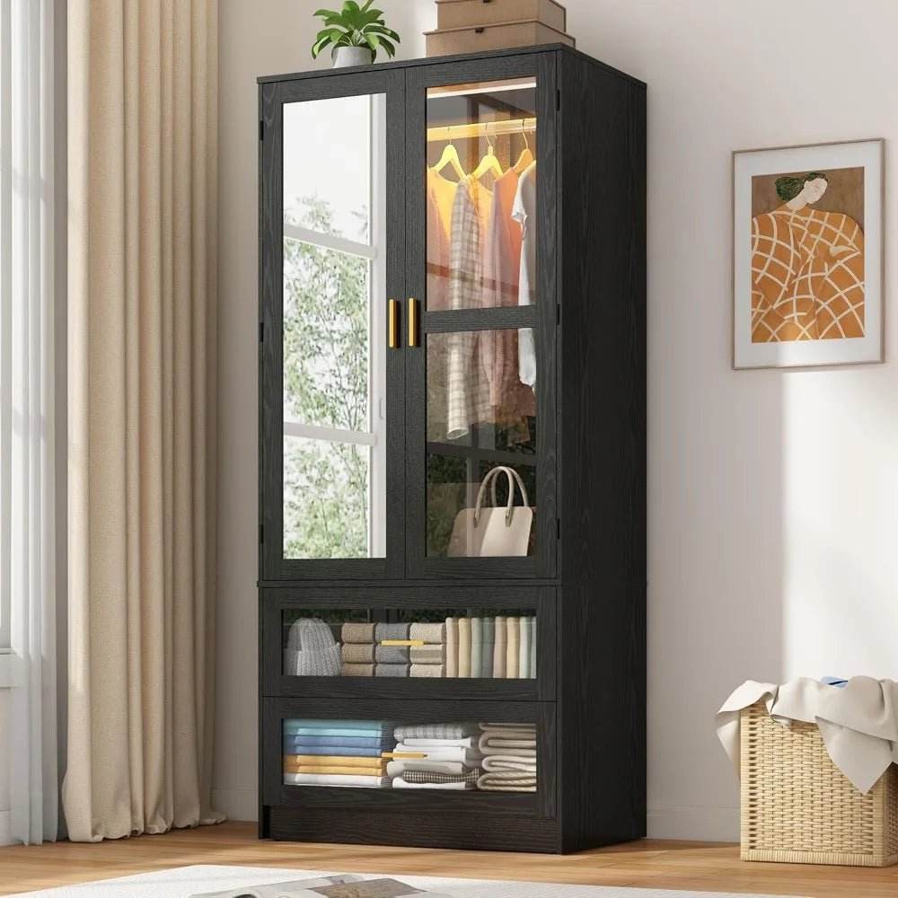 Modern 2-Door Armoire Wardrobe Closet With LED Light - Omega Lifestyles