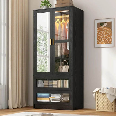 Modern 2-Door Armoire Wardrobe Closet With LED Light - Omega Lifestyles