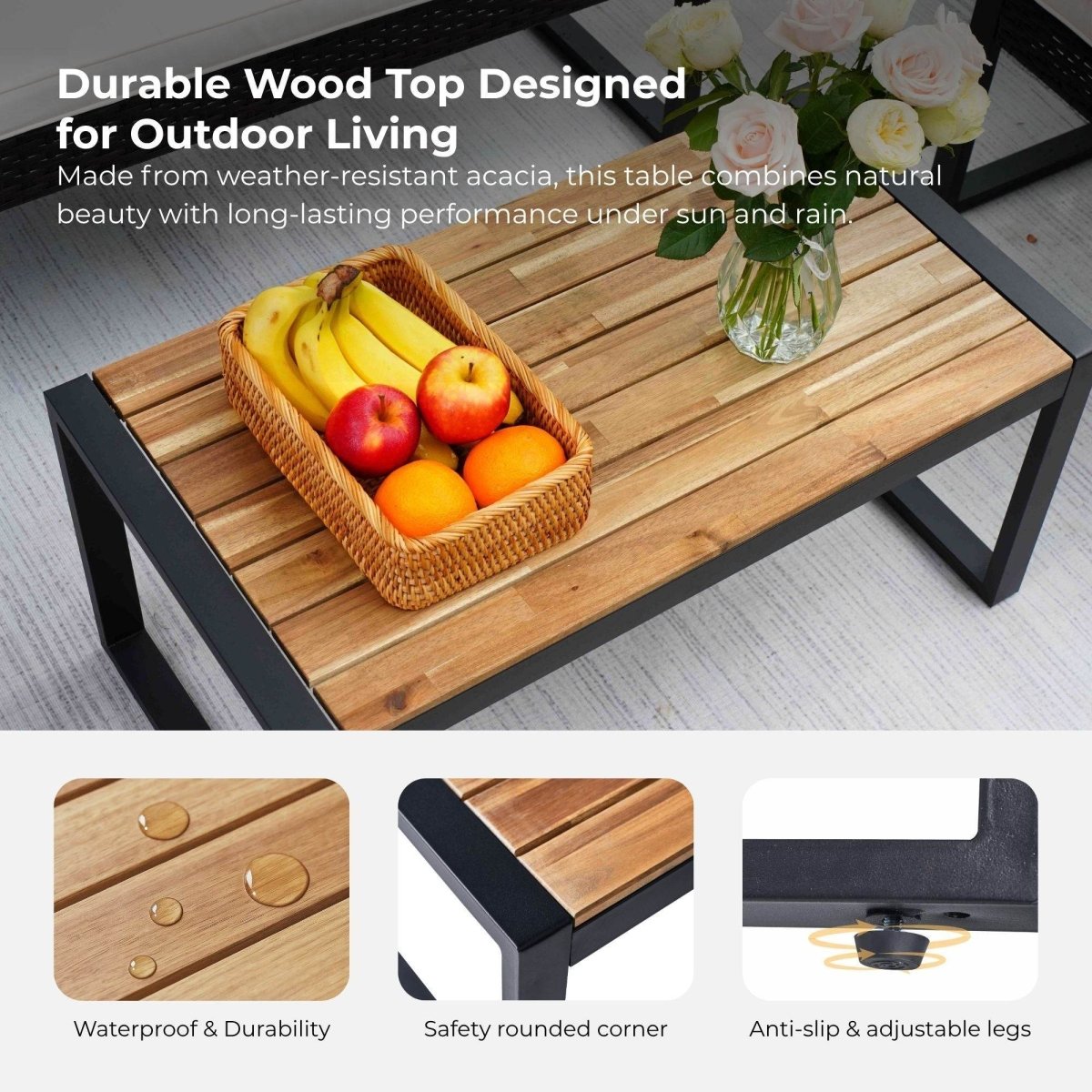 Modern 4 - Piece PE Rattan Acacia Wood Outdoor Furniture Set - Serenova - Omega Lifestyles